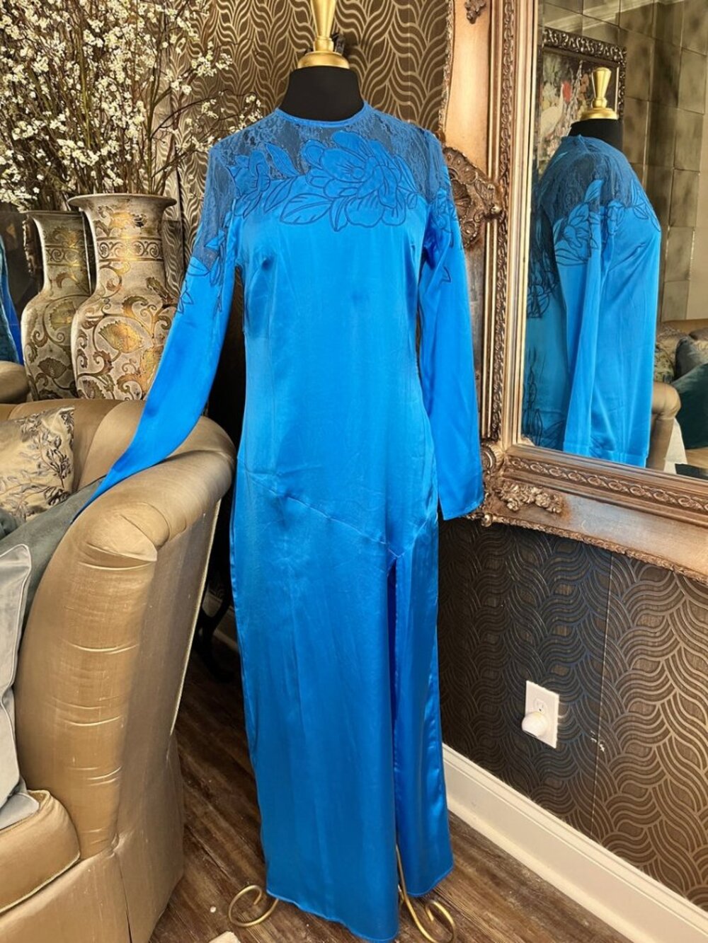 ASOS EDITION embroidered lace panelled long sleeve column maxi dress
